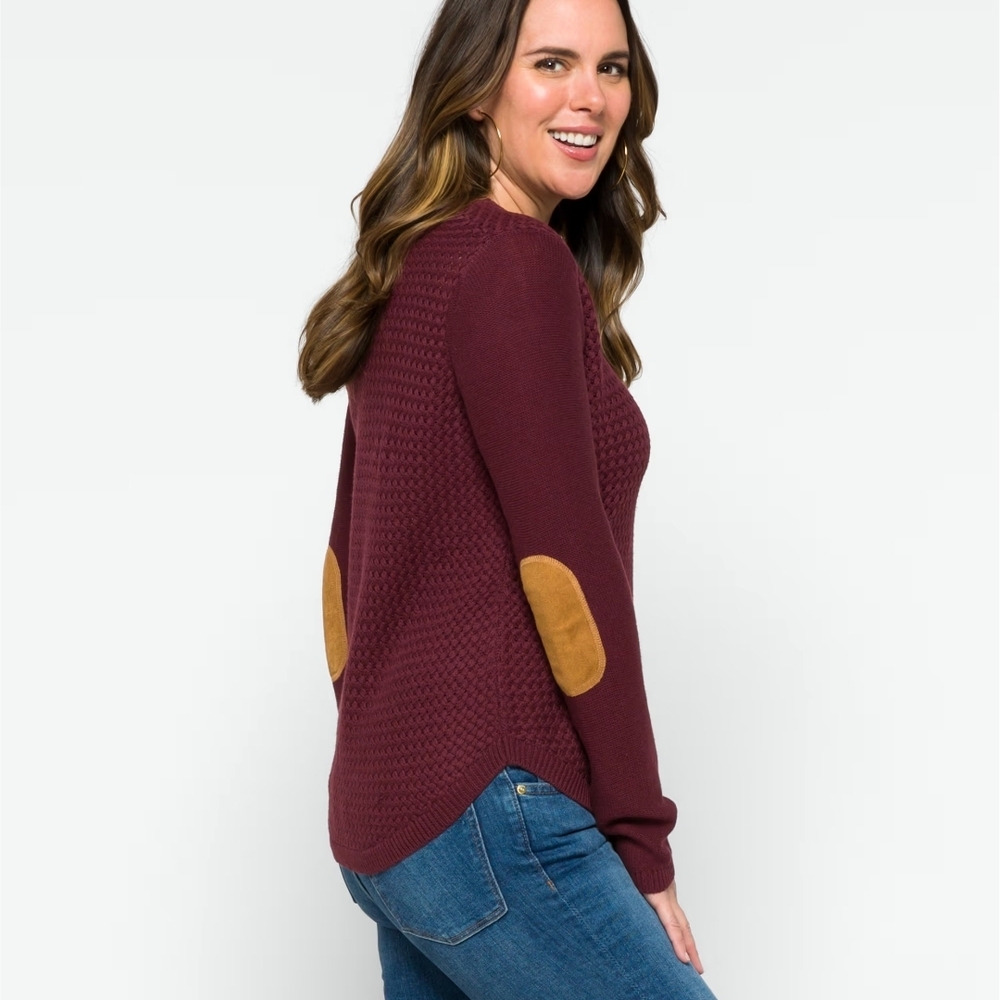 LETTY & ME Burgundy Waffle Knit Sweater Large Elbow Patches